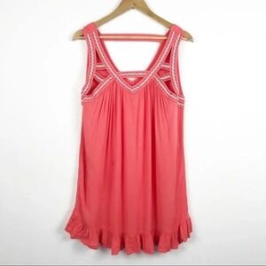 Umgee Coral‎ Boho Tunic Top Crochet Trim Ruffle Hem Flowy Size L